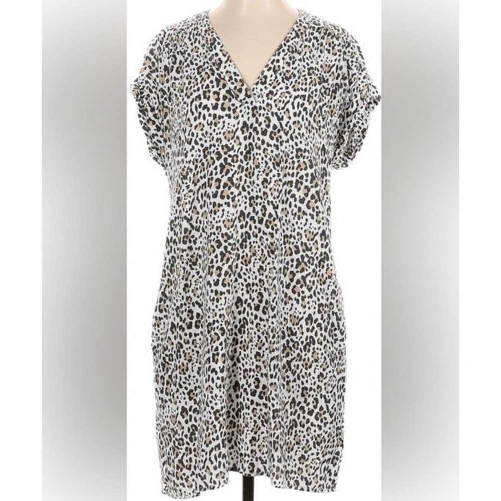 GAP‎ Leopard Print Dress White Black Tan V Neck Short Sleeve Pullover Size S